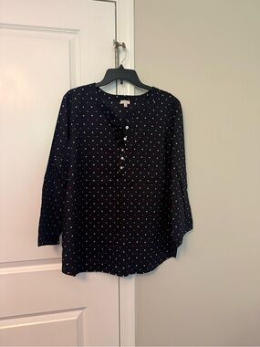 Talbots Navy Blouse with Pink and White Polka Dots